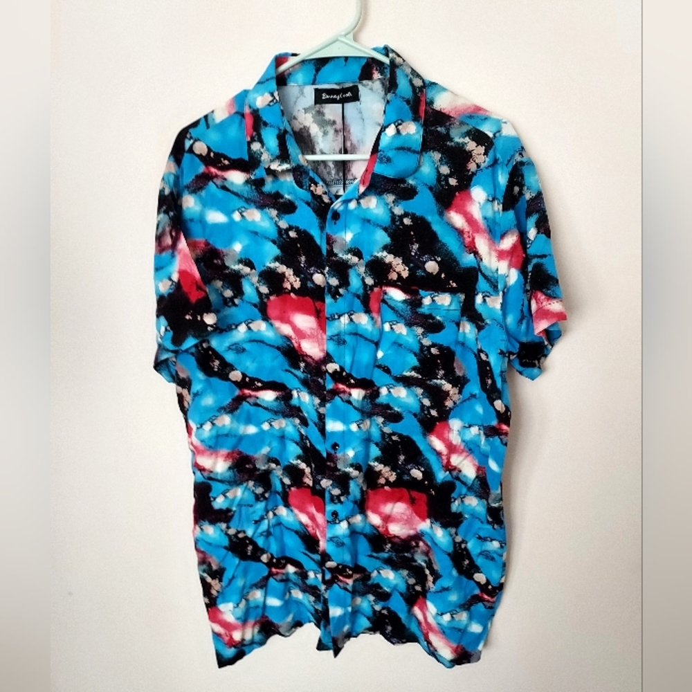 Barney Cools Poolside Rayon Art To Wear button-up XL Quirky Bold Colorful Beachy